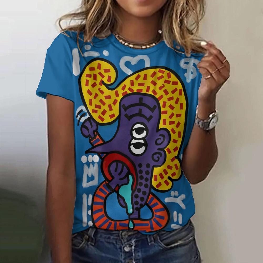 Letní dámské tričko Abstraktní kreslený potisk Tričko Harajuku Vintage Krátký rukáv Kulatý výstřih Top Nadměrné Dámský design Oblečení