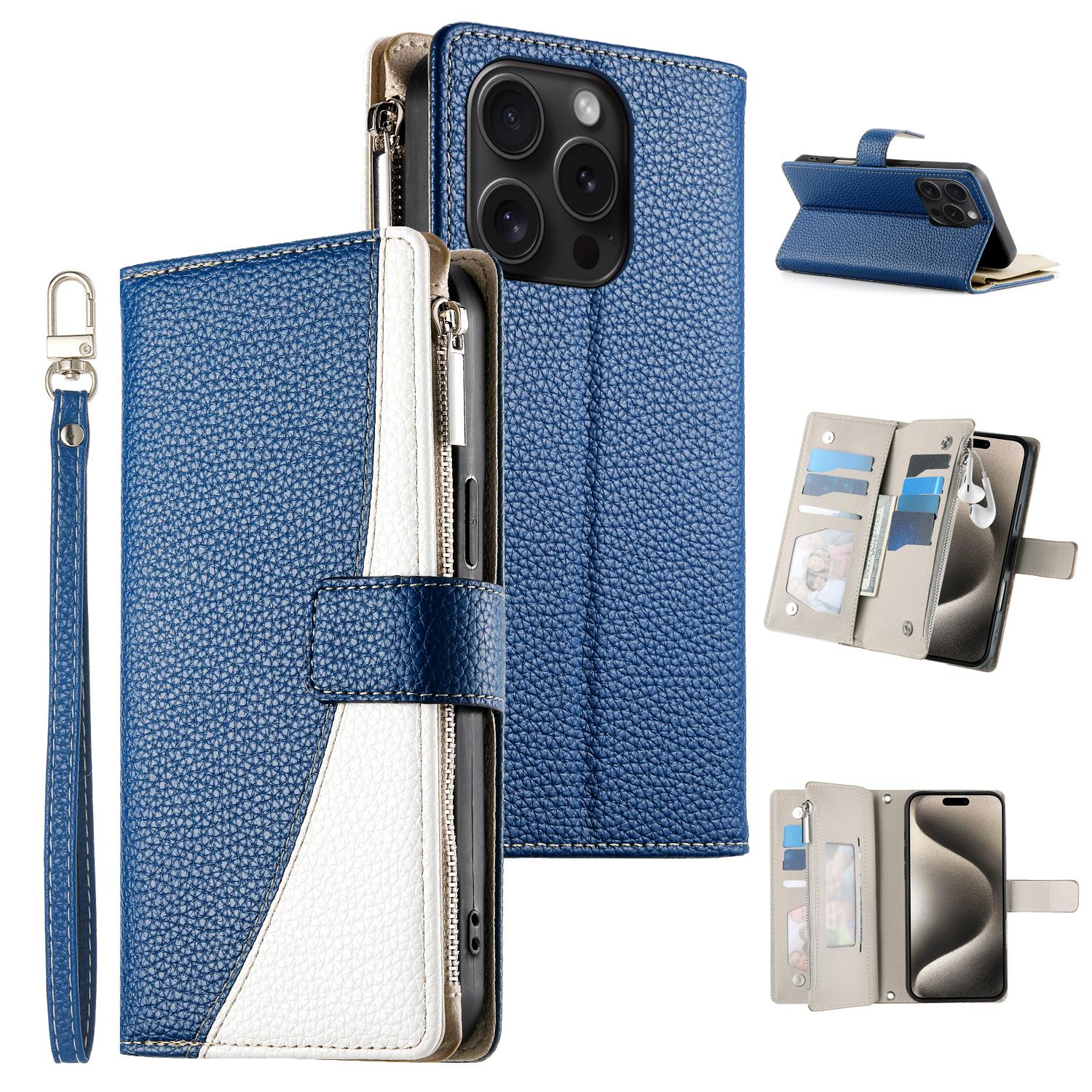 

For iPhone 15 Pro Case Zipper Pocket Wallet Color Splicing Leather Flip Phone Cover with Straps E