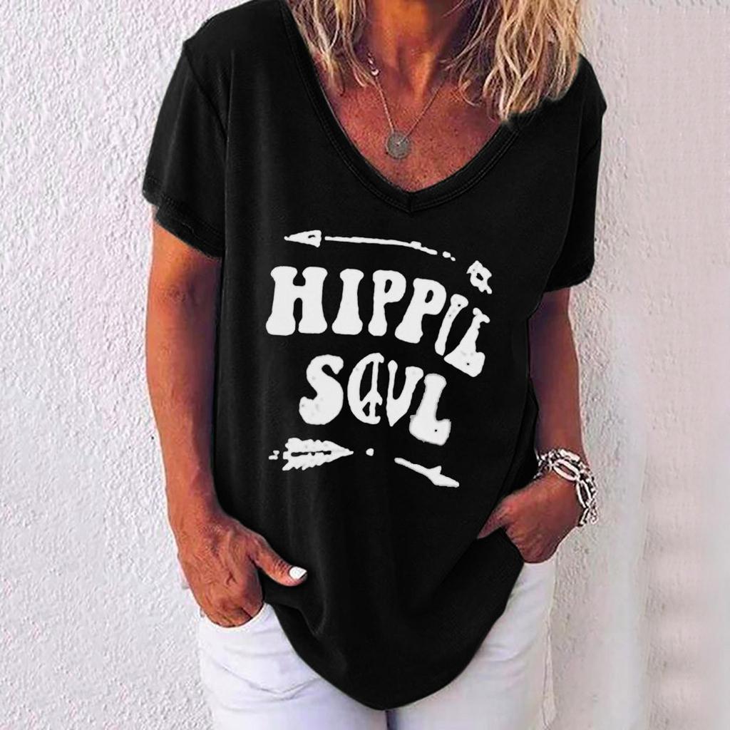 Dam Mode Casual Tryck V-Hals Lös Kortärmad T-shirt Topp Blus Pullover