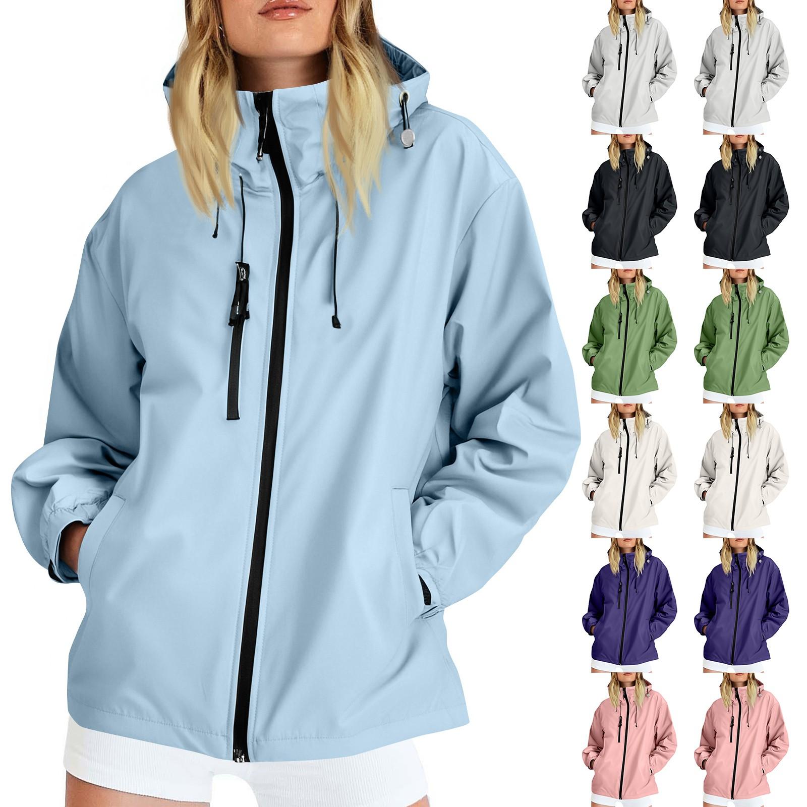 

Women Solid Stripe Rain Jacket Outdoor Plus Waterproof Hooded Raincoat Windproof L