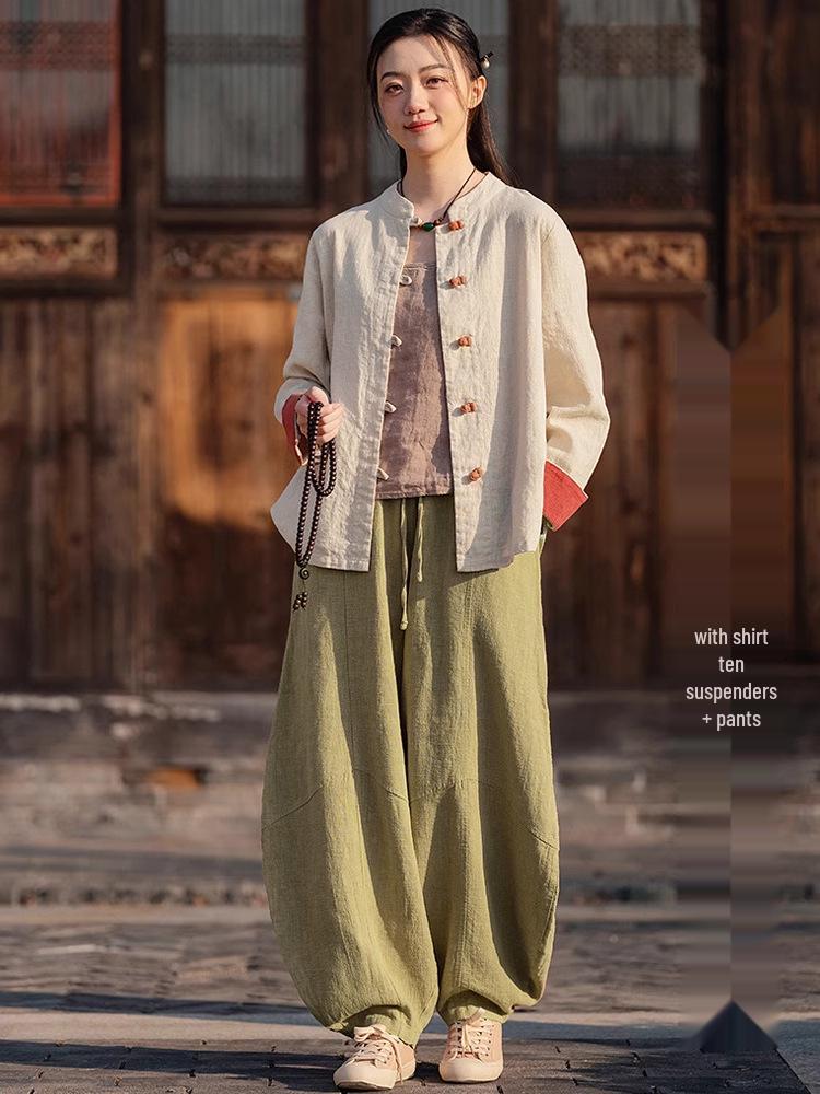 Young Women's Cotton-Linen Zen-Inspired Frog Button Cardigan for Eight Brocades Exercise