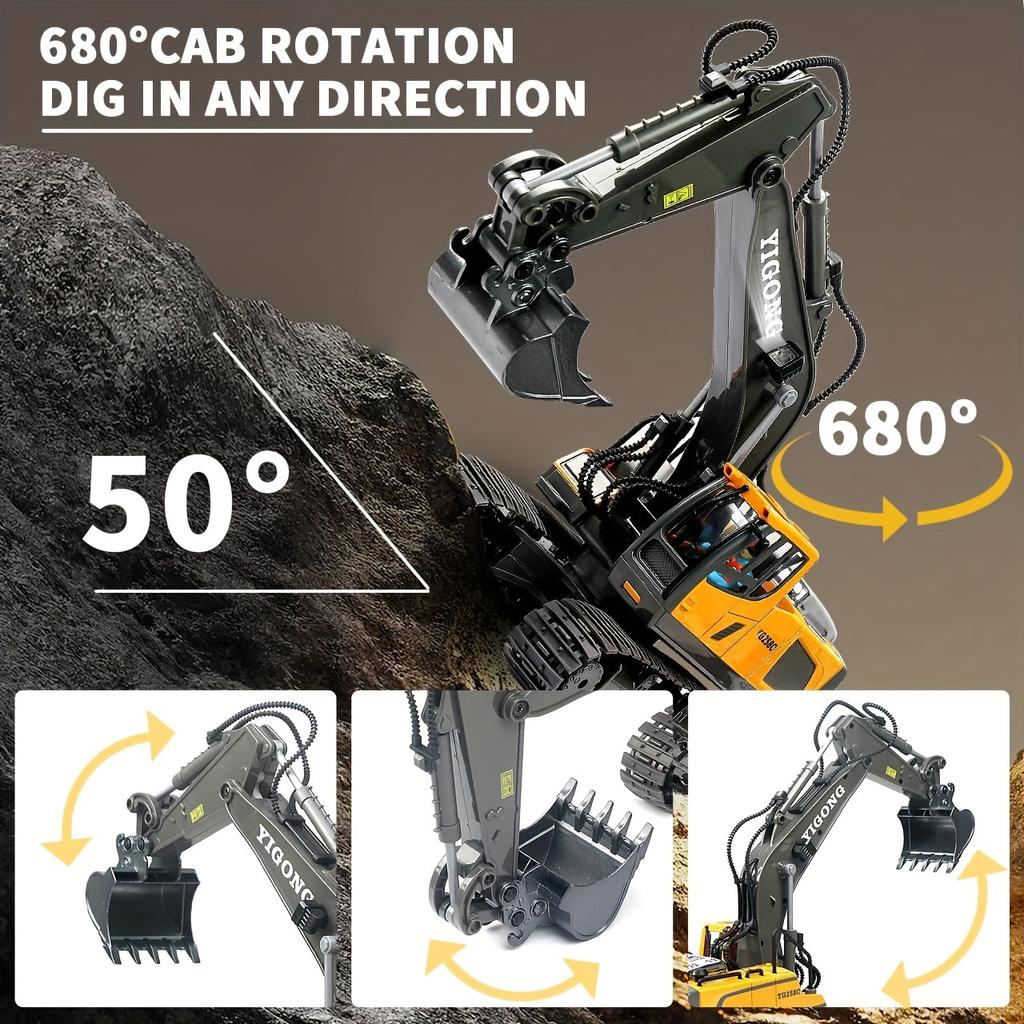 Remote Control Excavator Building Toy for Boys, 1200mAh RC Excavator Toy with Metal Bucket and Lights, 11 Channel Excavator Toy, Birthday Gift