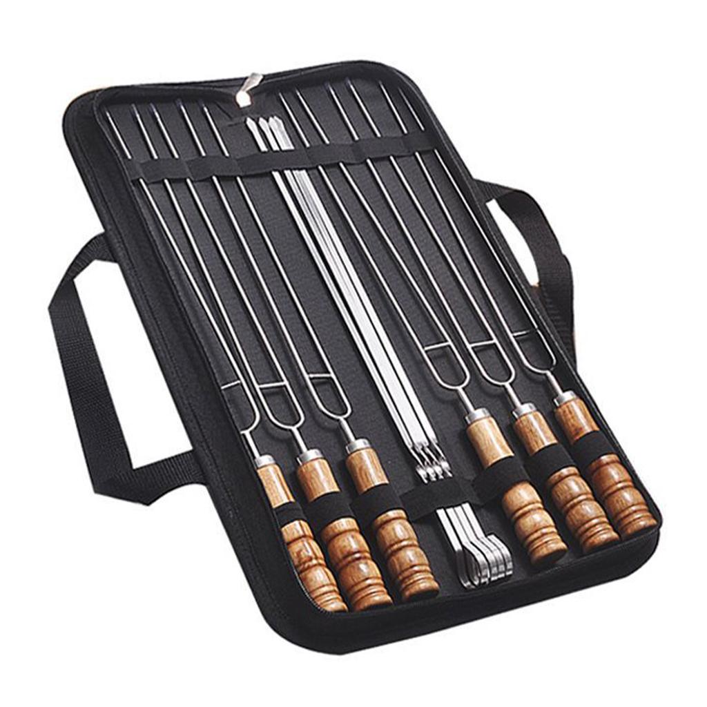 Barbecue Skewers 201 Stainless Steel U Shaped Reusable BBQ Fork Sticks with Wooden Handle for
