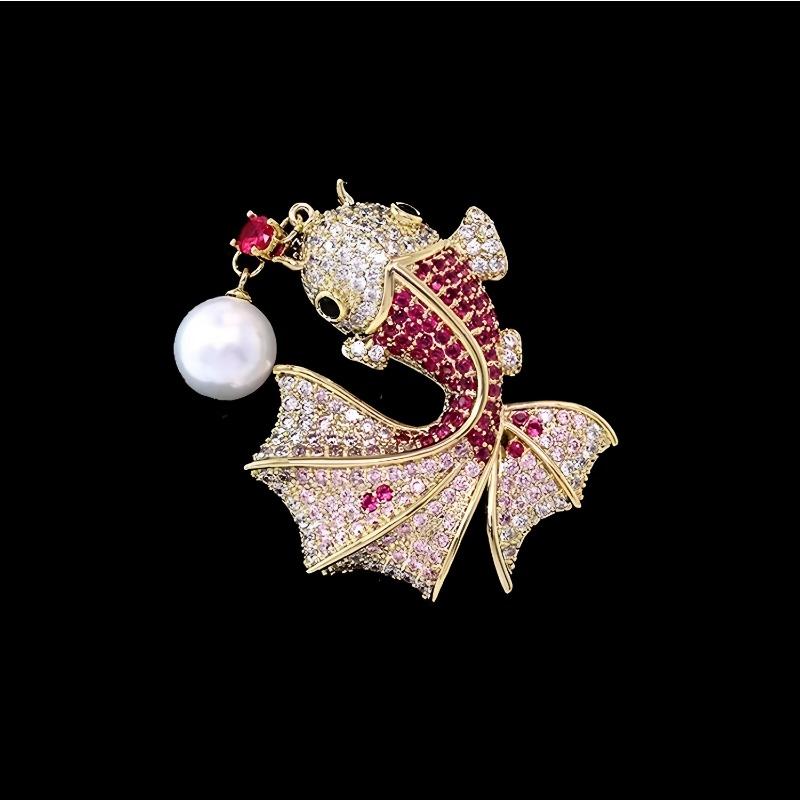 Full-diamond Three-dimensional Goldfish Brooch, High-end Feminine Charm, Pearl Koi, Light Luxury, Niche Design Sense Brooch