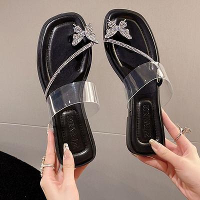 Rhinestone Bow Serpentine Winding Sandals Low Heel Summer New One-word Belt Fairy Wind Flat Roman Crystal Shoes