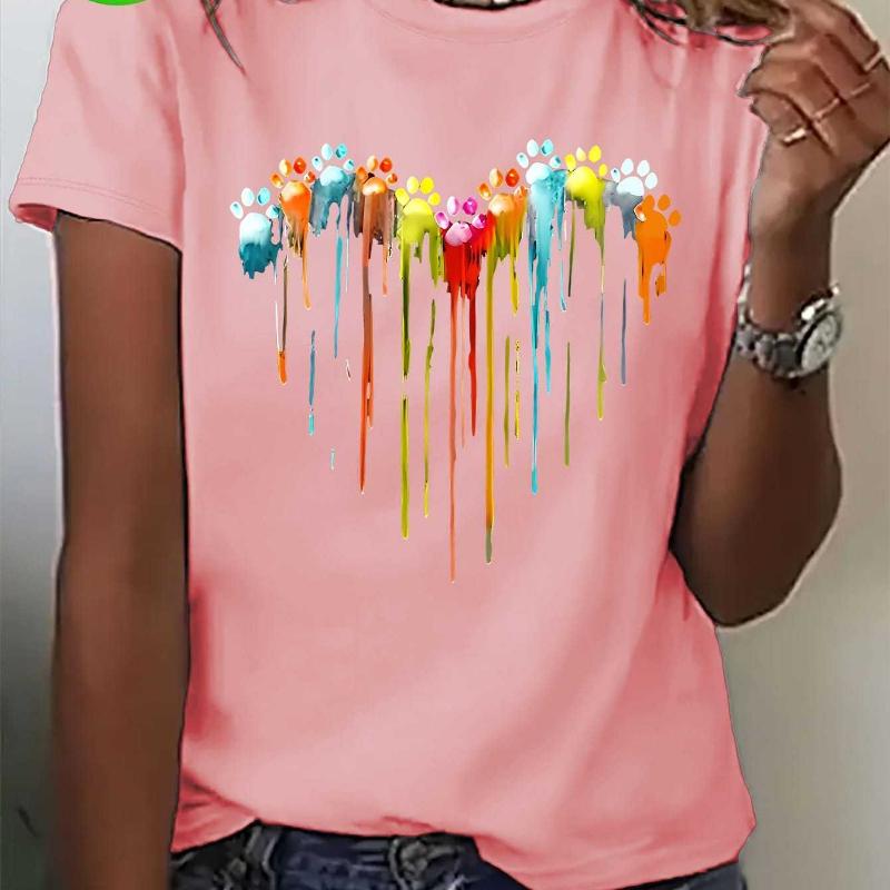 Women's Casual Short Sleeve T-Shirt Colorful Paw Print Heart Design with Multicolor Dripping Paint Art Fashion Artistic Tee