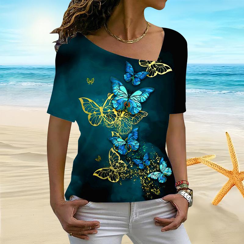 

Женская женская футболка с 3D жемчужным принтом бабочки и нестандартным вырезом, с короткими рукавами и низом 8XL темно-синий