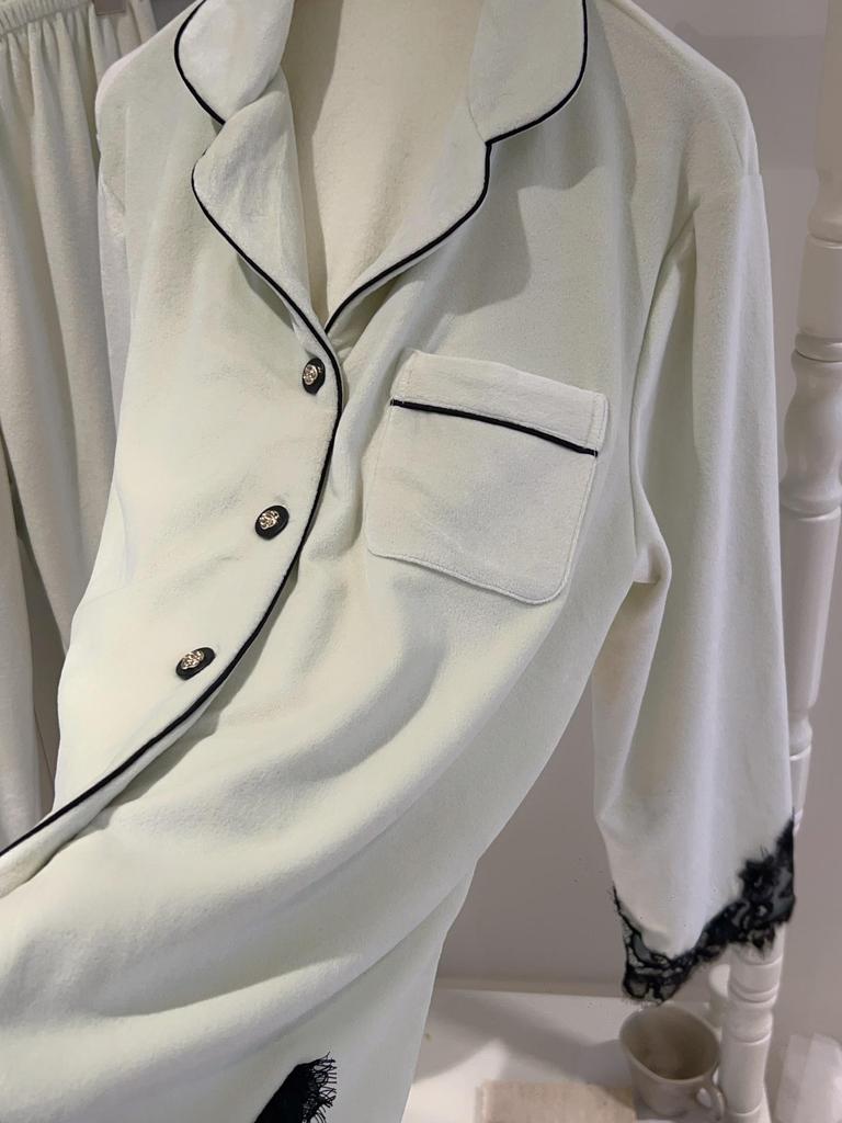 Dámské pyžamo z mořské bavlny v korejském stylu: Podzimní/Zimní Fleecový Domácí Oděv s Krajkovým Lemováním