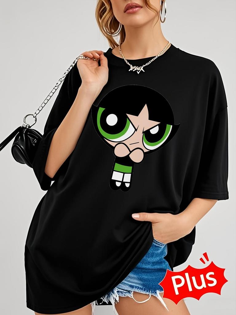 Europäische Größe, THE POWERPUFF Damen Grafik-T-Shirt, Lässiges Kurzarm-T-Shirt mit Rundhalsausschnitt, Maschinenwaschbar