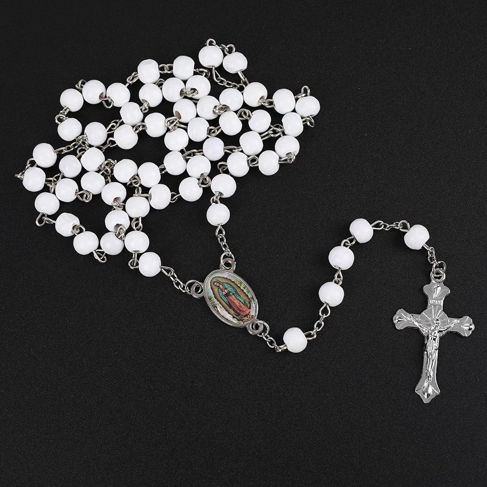 White Wooden Rosary Necklace For Women Cross Pendant 6MM Beads Chain Necklace Men Religious Catholic Prayer Jewelry