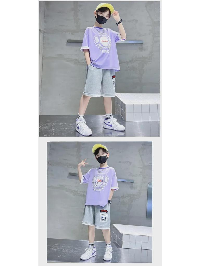 2024 Boys' Summer Short-Sleeved Outfit: Sporty & Stylish Fit for Medium and Large Boys