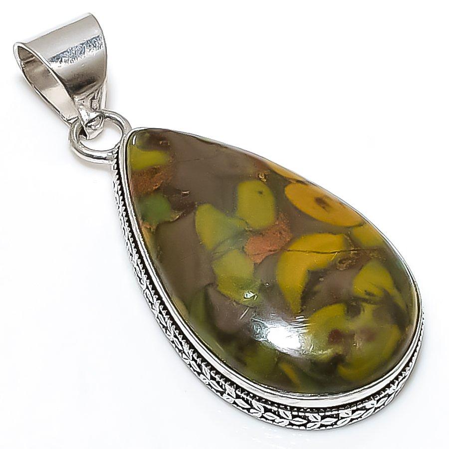 Bamboo Jasper Gemstone Handmade 925 Sterling Silver Jewelry Pendant 2.01" SU-10738