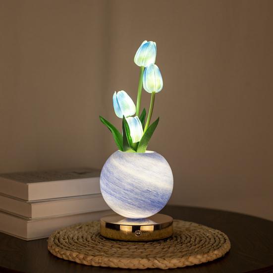 Tulip Planet Night Light Dimmable Touch Lamp with Aromatherapy Diffuser USB Rechargeable Artificial Flower