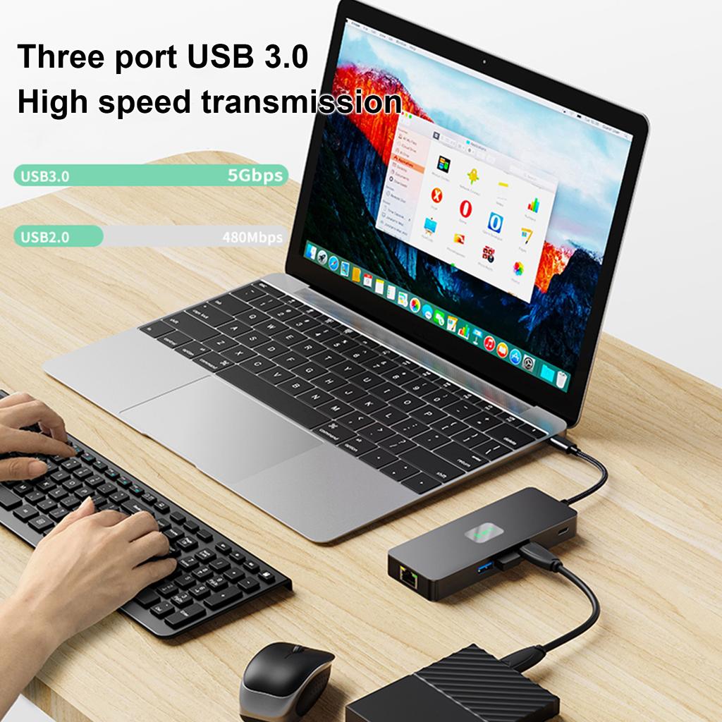 8 In 1 TYPE-C To RJ45 Gigabit USB 3.0 HDMI DP PD100W Interface Hub Adapter Dock