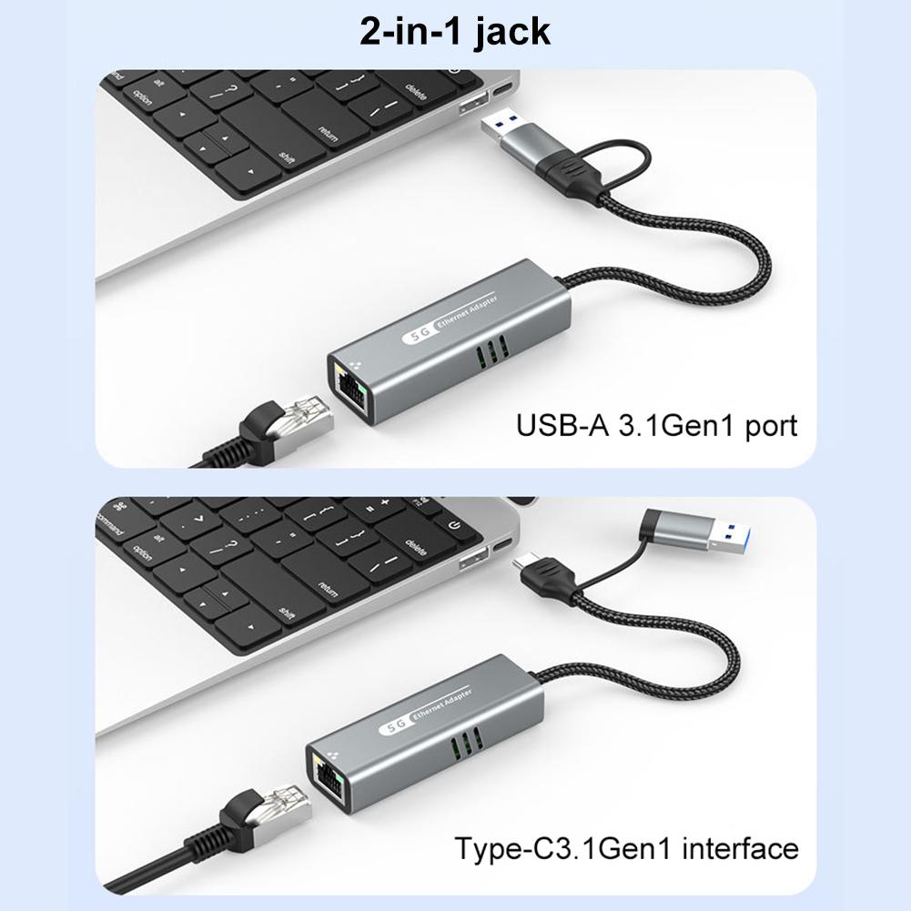 2 in 1 USB/Type C To Ethernet Adapter 5000Mbps USB-C To RJ45 Network Converter USB-C LAN Adapter for Windows 10/11 & Mac OS
