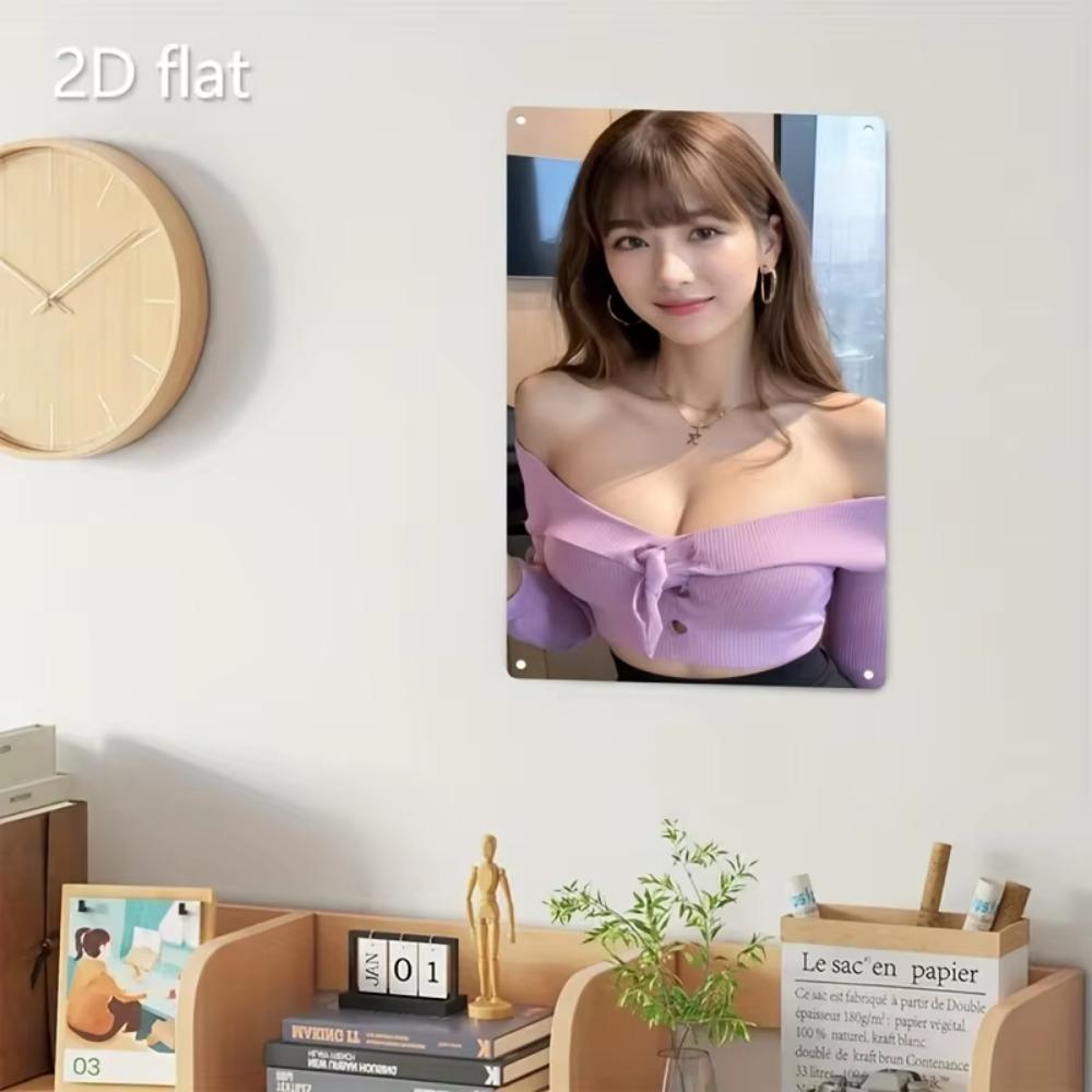 Metal Sign Wall Art Korean Beauty Poster, Purple Hair Woman Face Fashion Decor for Home Cafe Bar Christmas Gift