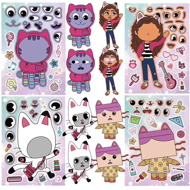 12Sheets Gabby Dollhouse Stickers Make a face Stickers Cartoon Girl and Cat DIY Game Children Cartoon Jigsaw Education Toys Gift