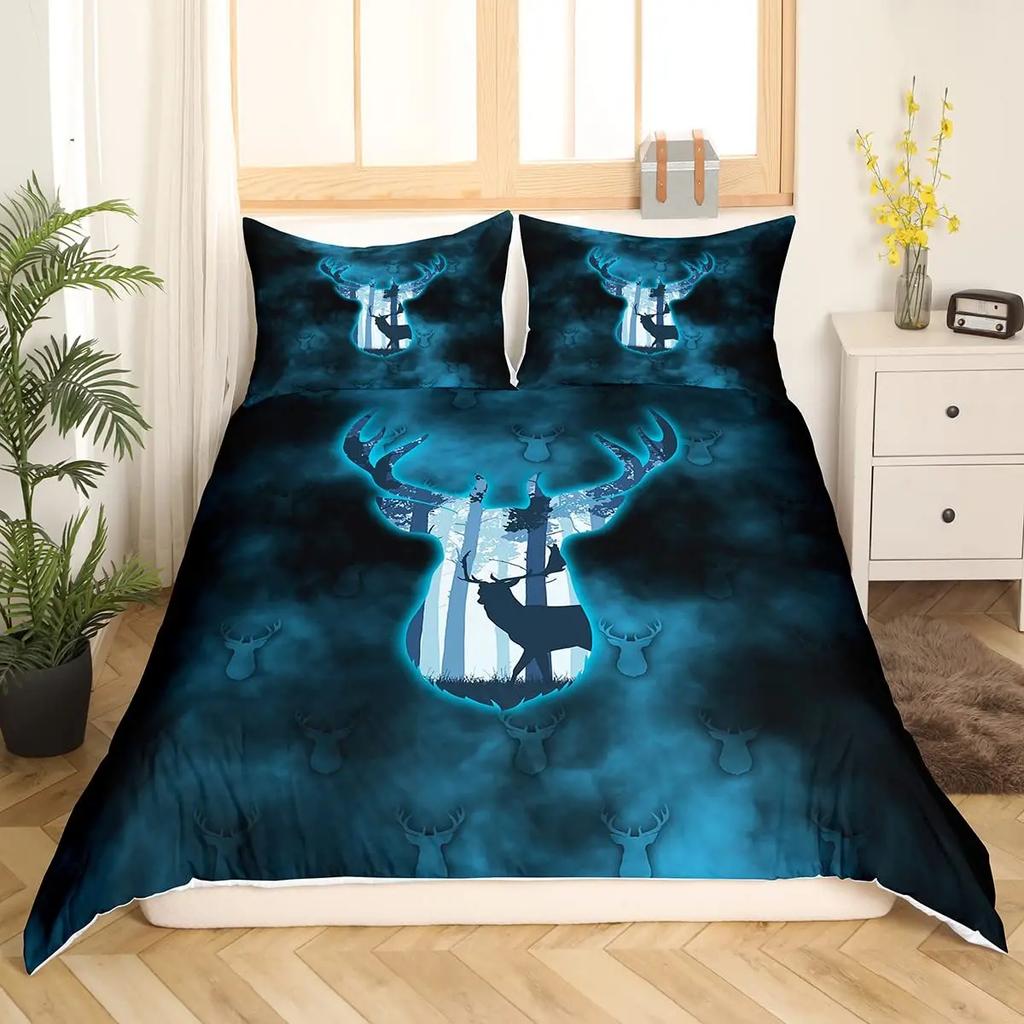 Antler King Queen Duvet Cover Whitetail Deer Bedding Set Wild Fawn Quilt Cover Countryside Rural Animal Brown Comforter Cover