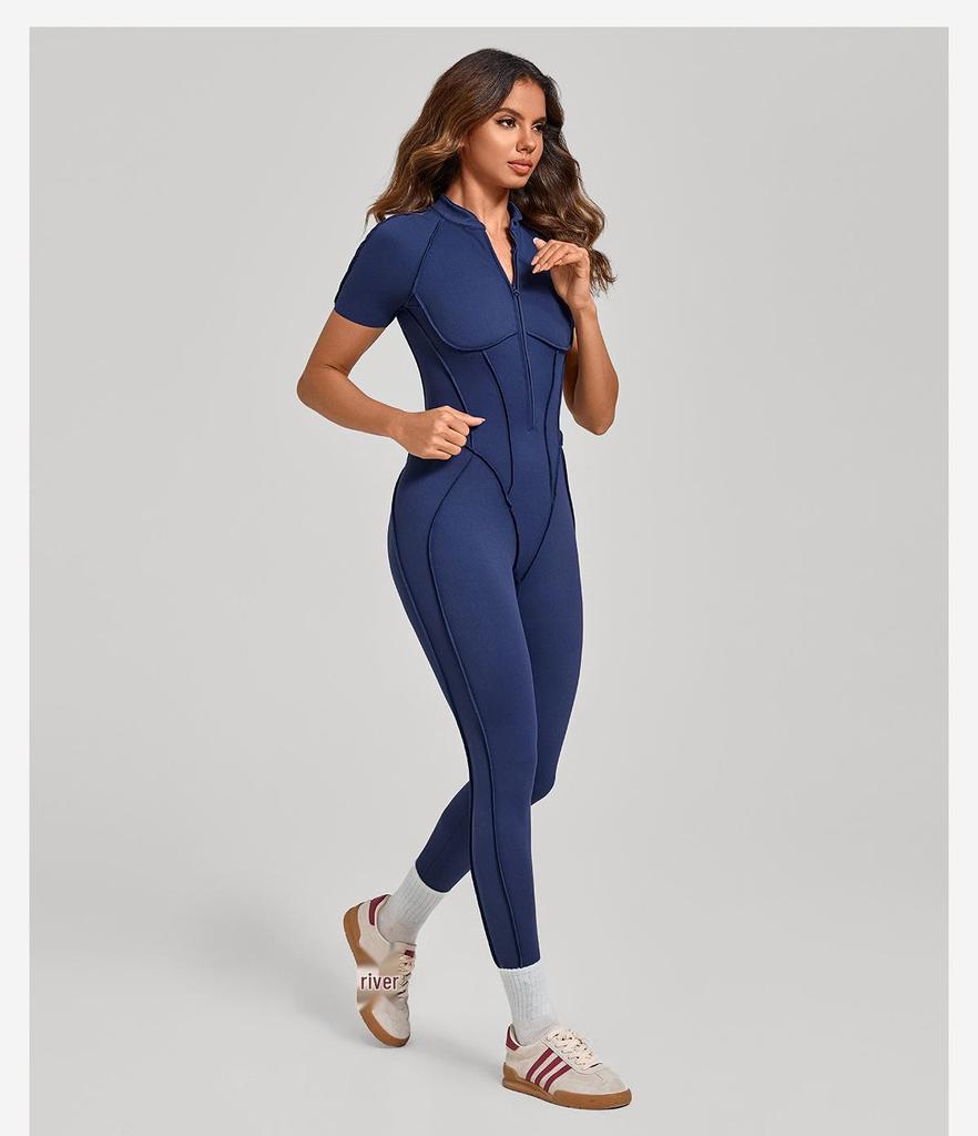 Women's Short-Sleeve Half-Zip Tummy-Control Yoga Jumpsuit