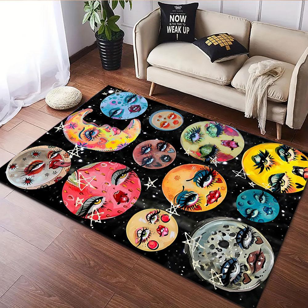 Colorful Celestial Faces with Fantasy Art Patterned carpet, suitable as a non slip play mat for the living room and bedroom sofa