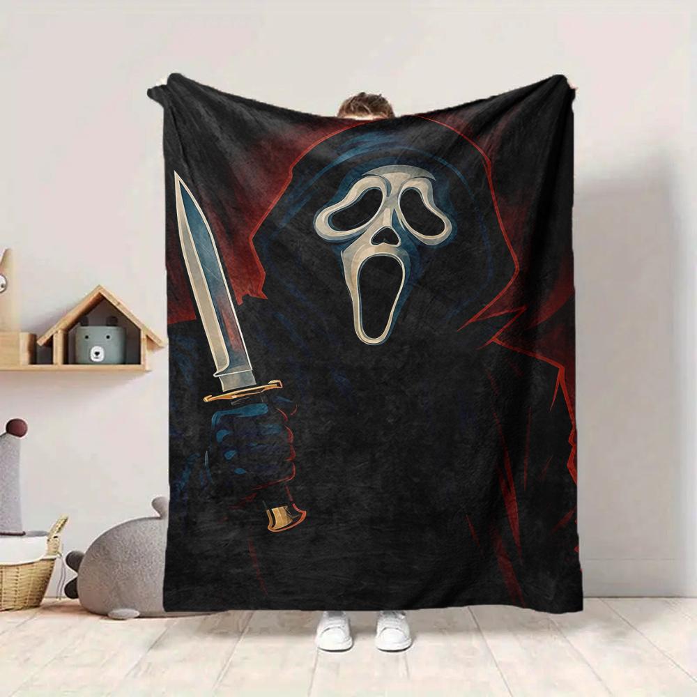 1Pc Ghostface Horror Knife Flannel Blanket, Soft And Comfortable, Casual Warm, Camping Travel, Christmas, Halloween Xmas Gift N1187