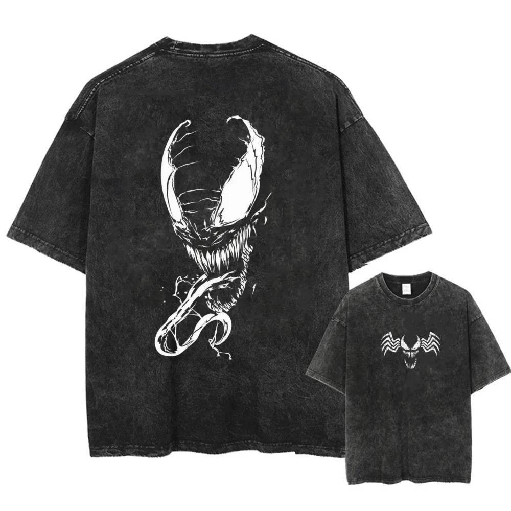 

Spider Man Printed Short Sleeved T-shirt For Autumn Casual Men s Streetwear Retro Distressed Washed Oversized Harajuku Cotton Material XXL чорний