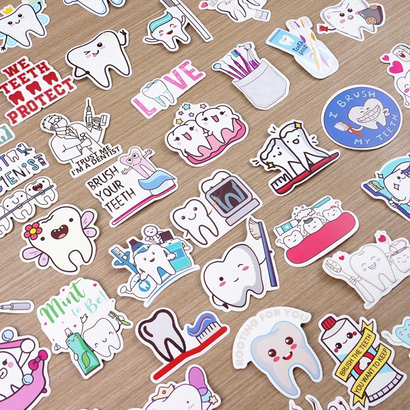 50Pcs Dental Cute Tooth Shaped Stickers Dentist Store Toothbrush Cartoon Decal Diy Wallstickers Decoration Teeth Sticker