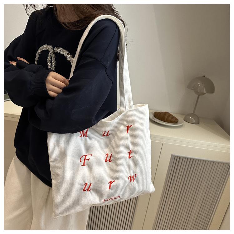 Korean Corduroy Embroidered Tote Bag for Students - Artistic Autumn/Winter Design