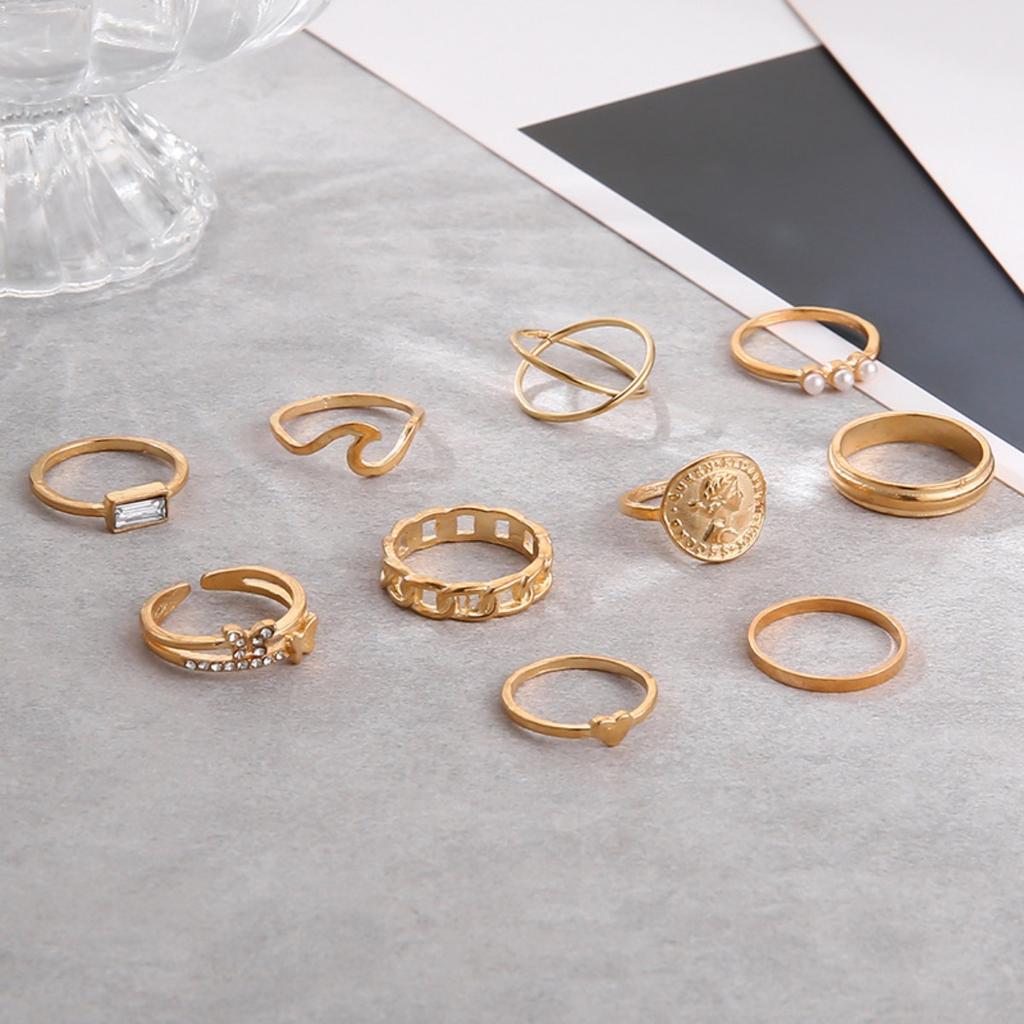 10-Piece Female Ring Set with Zirconium Butterfly Love Artificial Pearl Joint Stacked Ring Set