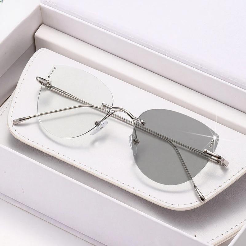 High Quality Frameless Pochromic Myopia Glasses All Titanium Ultra Light Cat Eye Anti Blue Light Glasses Diopter To -4.0