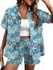 Plant-printed short-sleeved shirt, elastic waist shorts, two-piece set, vacation style casual suit, women's