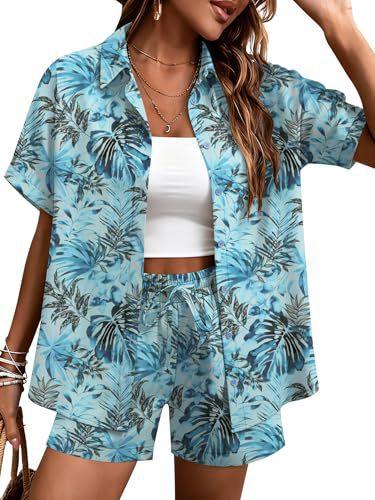 Plant-printed short-sleeved shirt, elastic waist shorts, two-piece set, vacation style casual suit, women's