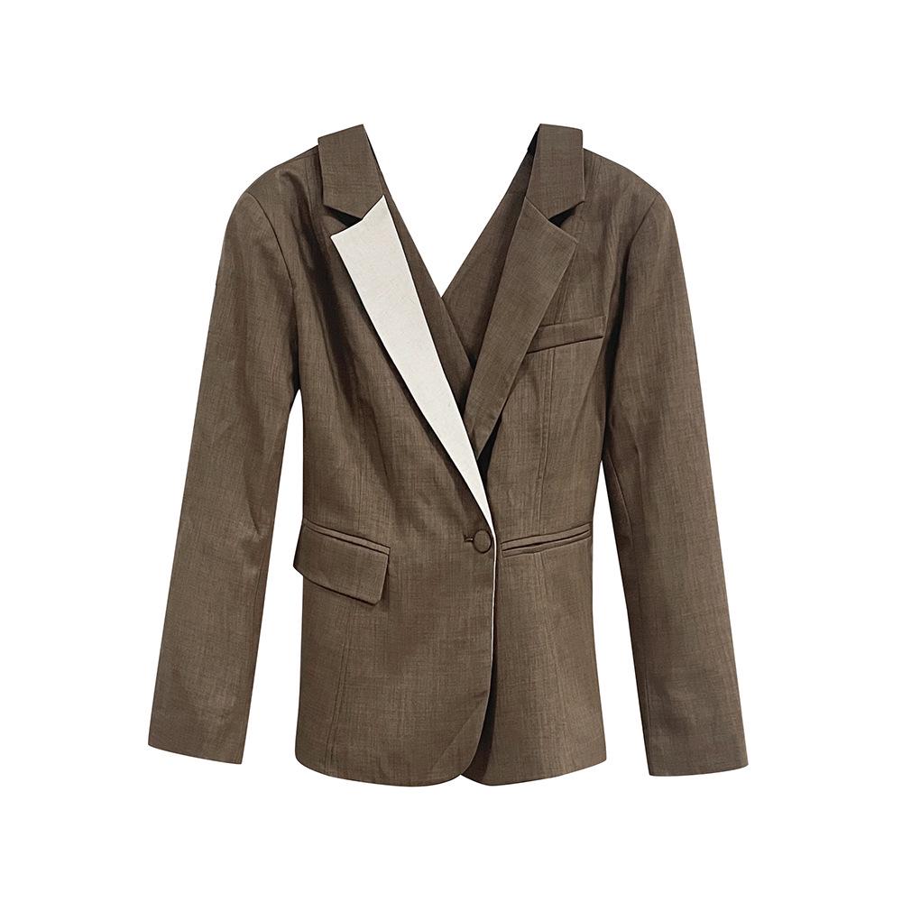 

Women s Spring 2026 Slim Fit Brown Color-Block Suit Jacket - Professional & Stylish Large