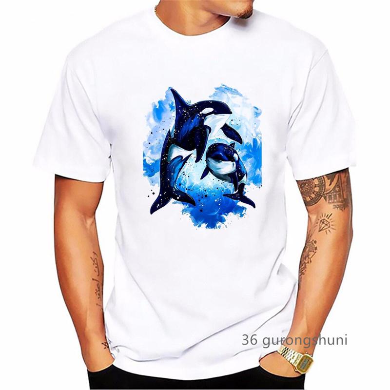 Watercolor Dolphins And Sharks Print T Shirt MenS Clothing Summer Fashion White Tshirt Homme Harajuku Shirt