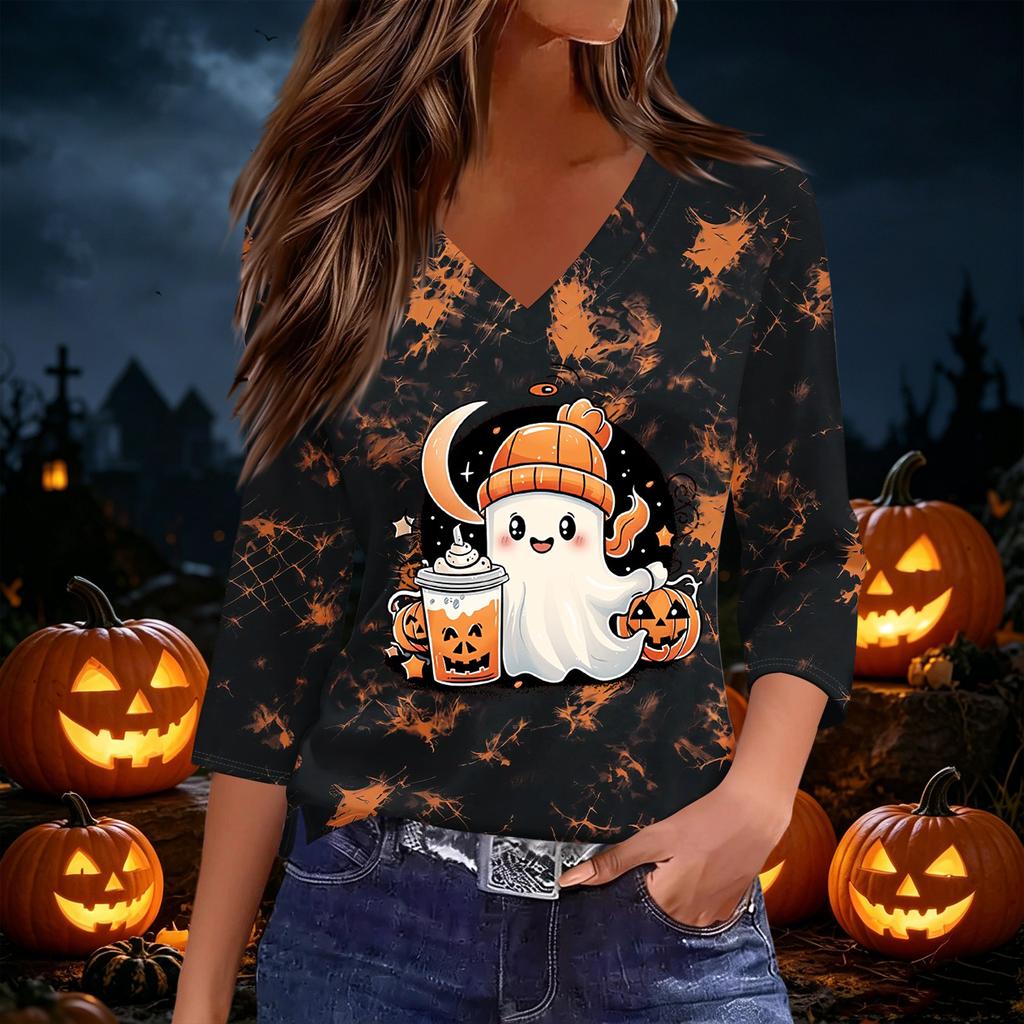 Women's Casual V-Neck Three-Quarter Sleeve Top with Halloween Print