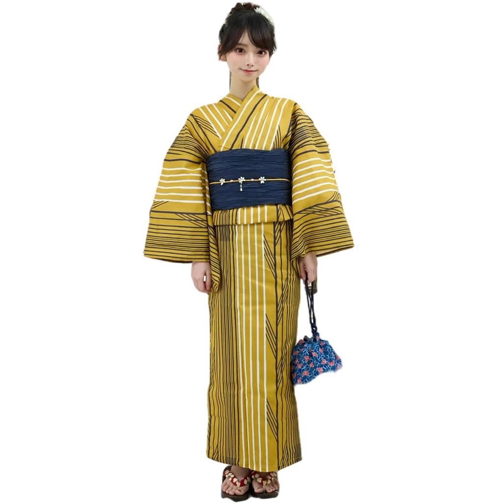 RAVIR Yukata Gold and Black with Arrow Fluffy Obi and Geta One Size Fits All Women's 3-Piece Set, Pattern, Belt, Sandals, Yellow,