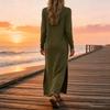 Women's Long Sleeve Solid Color Split Hem Maxi Dress with Double Pockets Straight Cut Casual Long Dress