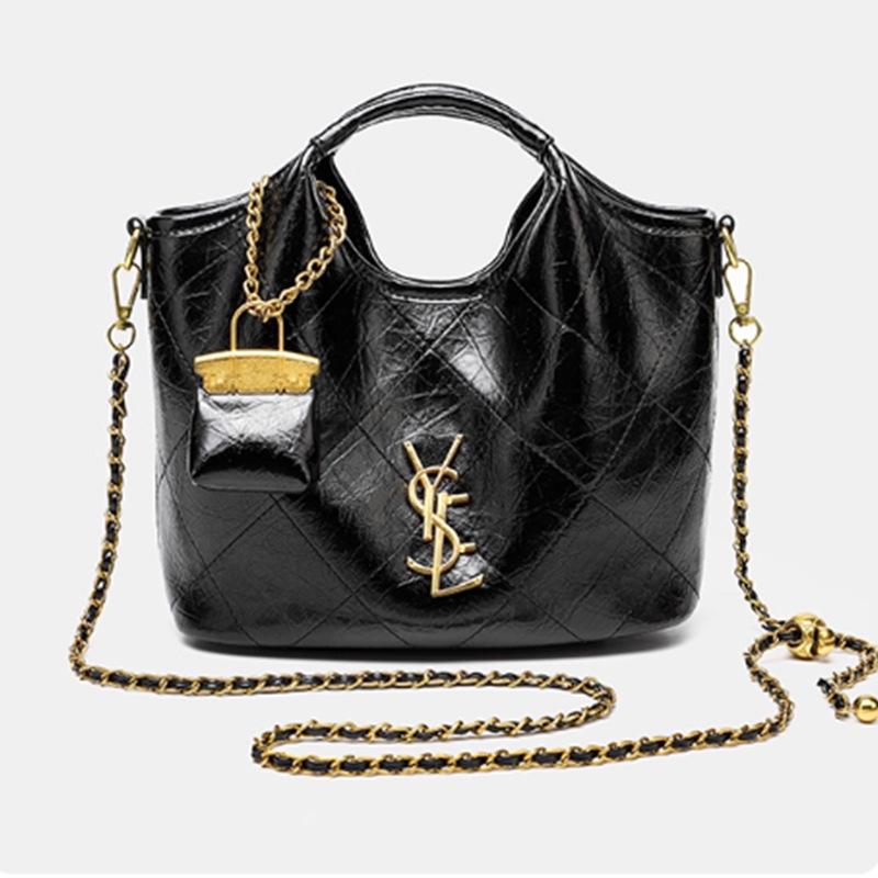 Black Argyle Basket Single Shoulder Handbag - High-End Retro Soft Leather Crossbody Bag for Women