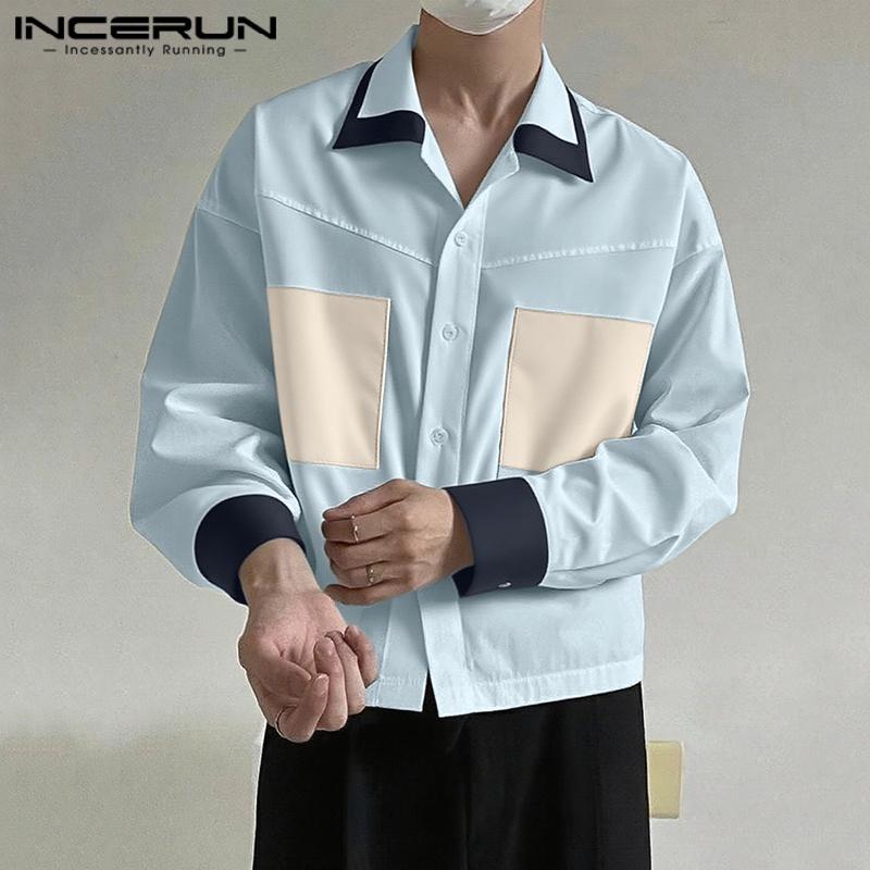 INCERUN Plus Size Men Casual Lapel Neck Long Sleeve Patchwork Buttons Shirts Tops