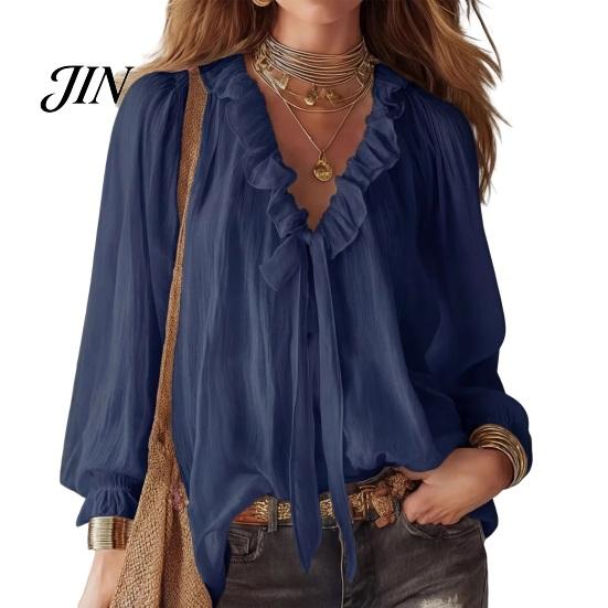 Skin-friendly Fabric Tops Women Chiffon Tops, Ruffle Splicing Collar V-Neck Blouse, Pure Color Loose Fit Summer Breathable Shirt Shirt, Lantern
