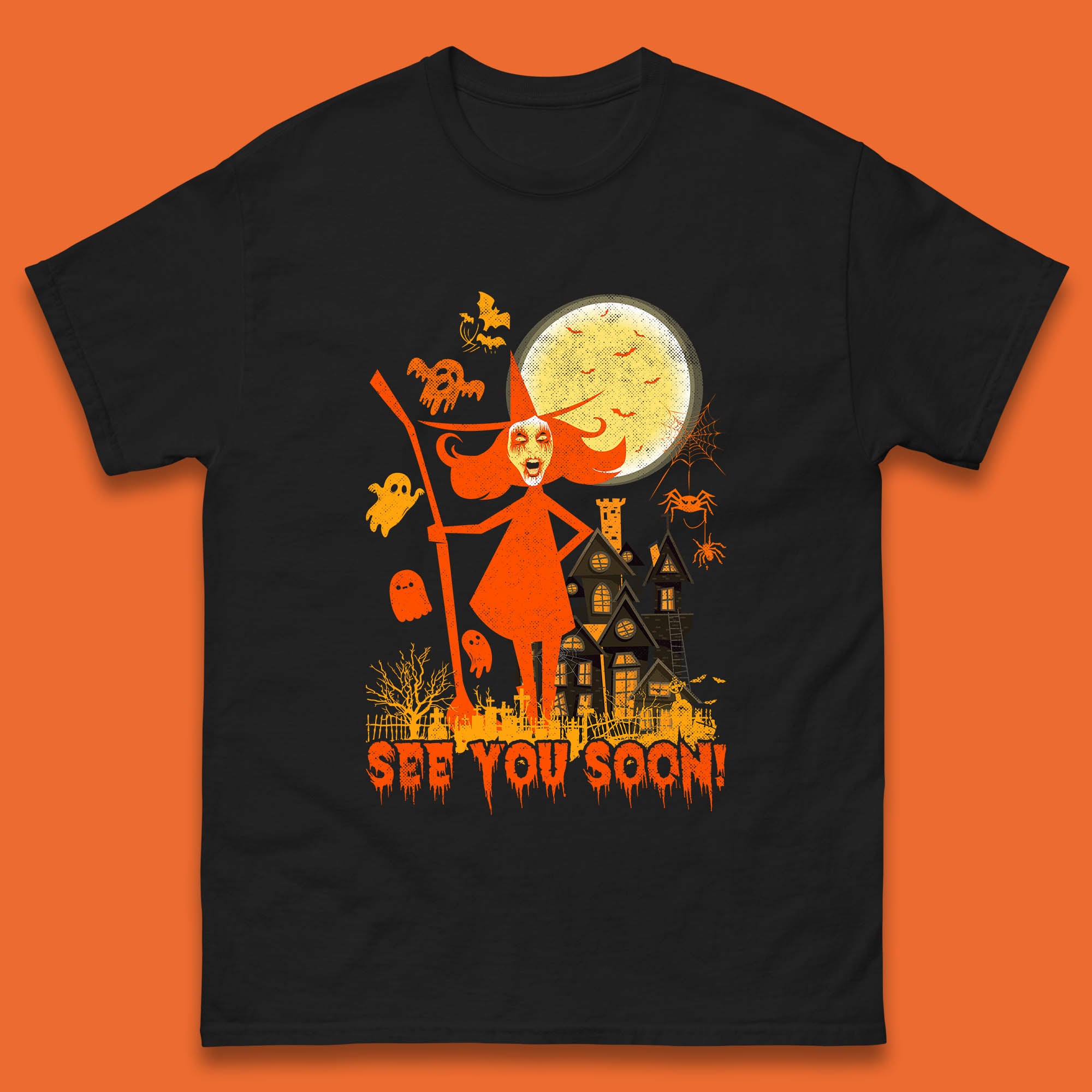 

See You Soon Halloween Witch With Broom Horror Scary Haunted House Mens Tee Top L