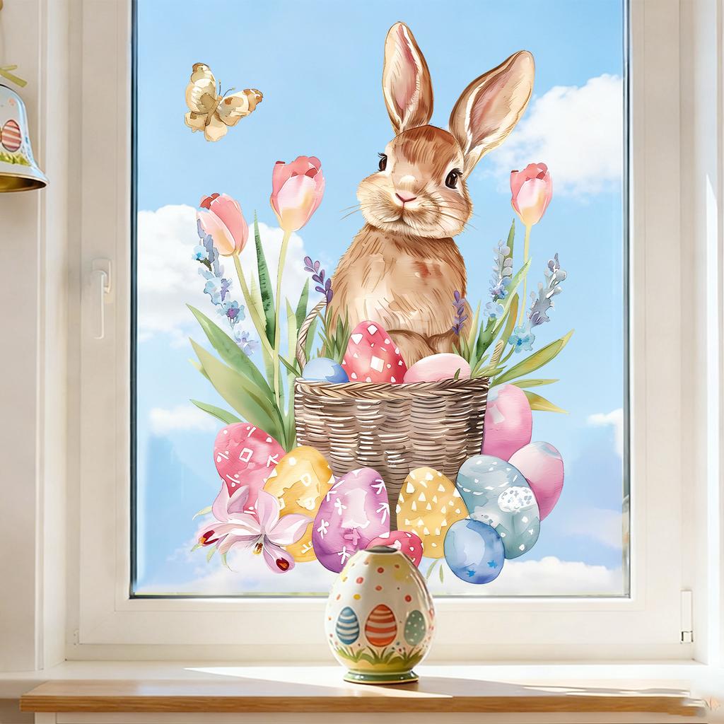 Easter Tulips, Eggs, Butterfly and Bunny Static Cling Window Stickers No Glue Removable for Bedroom Living Room Study Holiday Decor