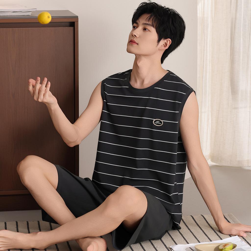 Cotton pure cotton vest pajamas men's summer sleeveless shorts pure cotton teen student loungewear men's suit