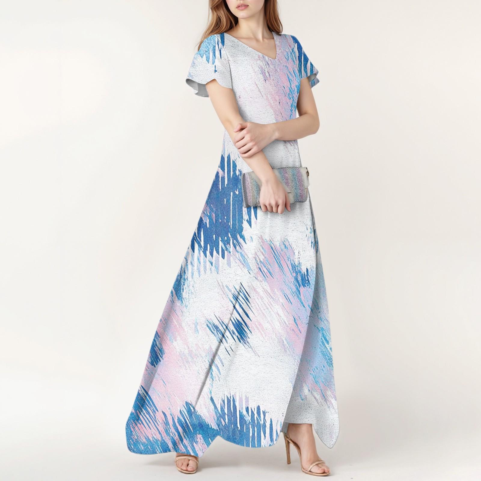 

Women s Spring And Summer Casual Fashion Tie- Printed Dress V-Neck Short Sleeve Dress L синий