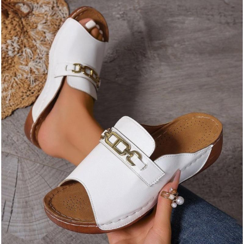 

Fashion Women s Slippers Summer New Fashion Metal Button Slides Shoes Wedge Beach Sandals Women Outside Platform Leisure Women Slippers 36 белый