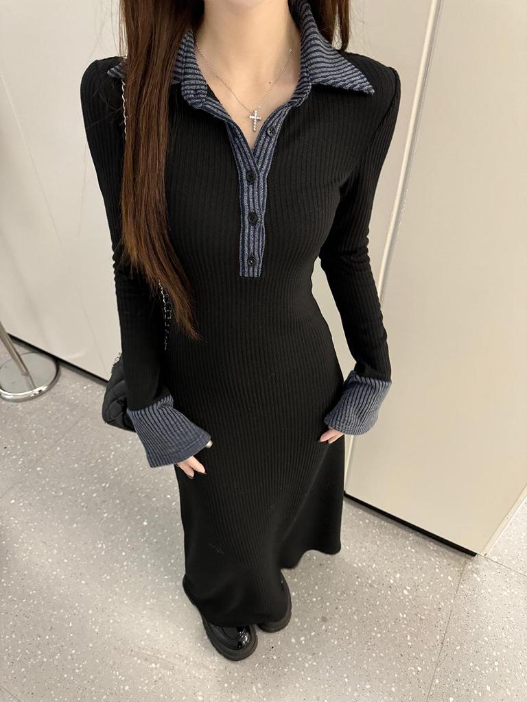 Women's Spring Collection: Black Slimming Ruffle Long Dress with Turn-Down Collar and Waist-Cinching Design