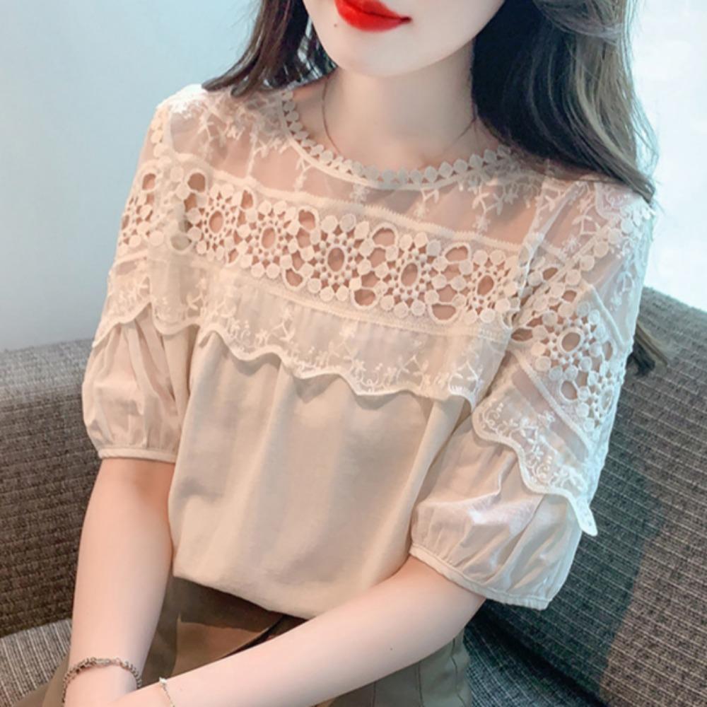 

GMXIA Женская летняя рубашка Hundred Lace Splicing с коротким рукавом и круглым вырезом с открытыми плечами XL абрикосовый