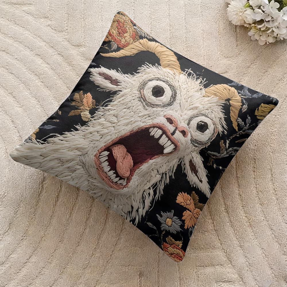 Spooky Goat Face 2D Cool Cushion Cover Silky Short Plush Invisible Zipper Dustproof Sofa Pillow Case For Home Decor