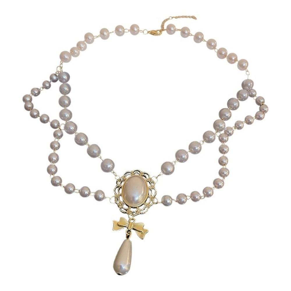 Bowknot Pendant Imitation Pearl Necklace Palace Style Bridal Jewelry Accessories  for Women