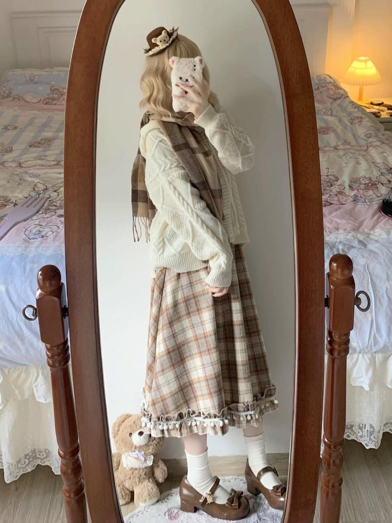 French Retro Plaid Tassel A-Line Mid-Length Skirt - High Waist, Slimming, Versatile Autumn/Winter Style